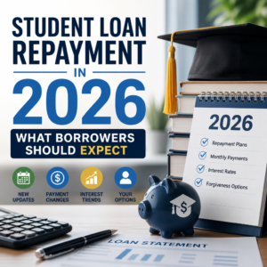 Illustration of student loan repayment in 2026 with payment plan, monthly bill, interest rate, and forgiveness icons