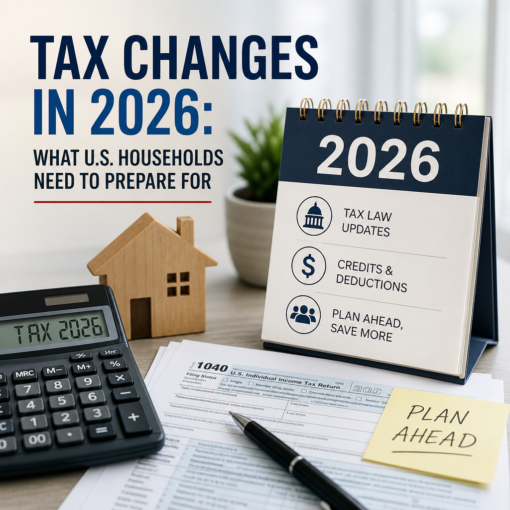 Calculator, tax form, and calendar icon illustrating tax changes in 2026 for U.S. households