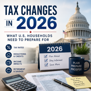 Tax forms, calculator, and calendar illustrating tax changes in 2026 for U.S. households