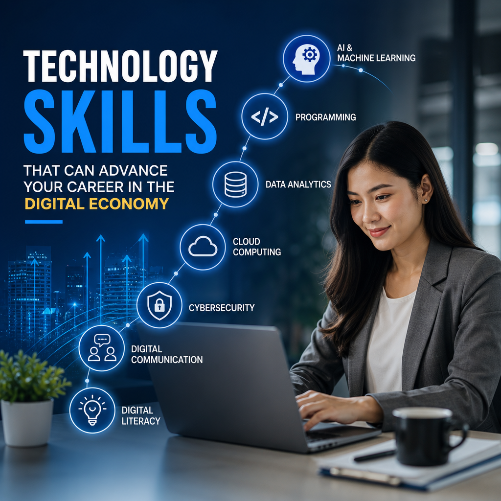 Illustration of technology skills for career growth: AI, coding, data analytics, cloud, cybersecurity, and digital communicat