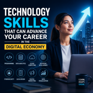 Illustration of technology skills—programming, data analytics, cloud computing, and AI—advancing careers