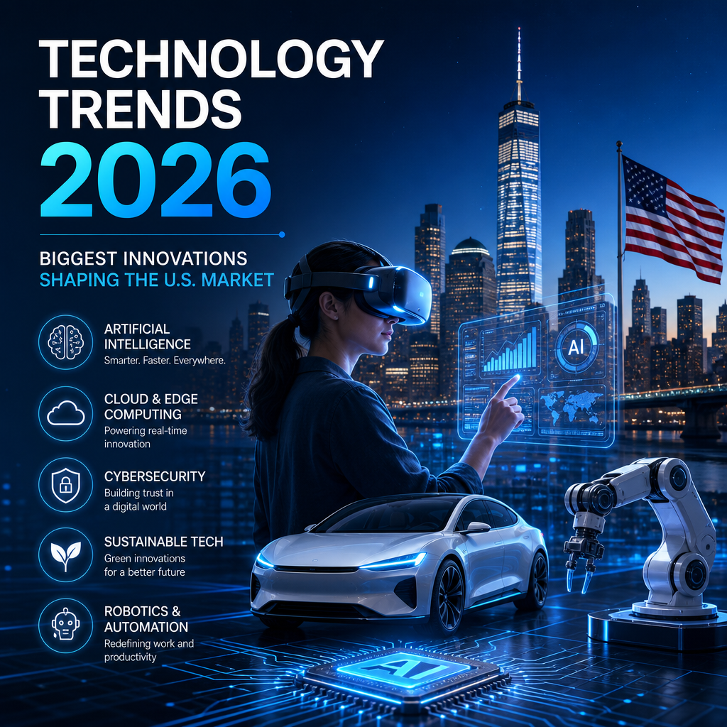 Futuristic icons for AI, cloud, cybersecurity, sustainability, and robotics shaping 2026 tech trends.