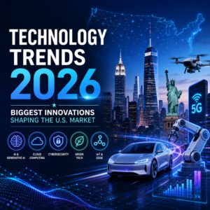 Illustration of AI, cloud, cybersecurity, green tech, IoT, and 5G shaping U.S. market in 2026