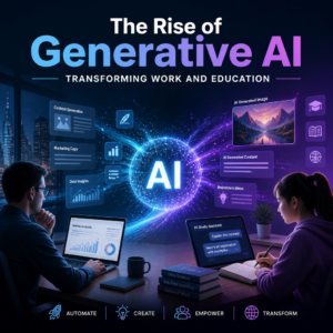 Illustration of generative AI transforming work and education with automation, creativity, and innovation.