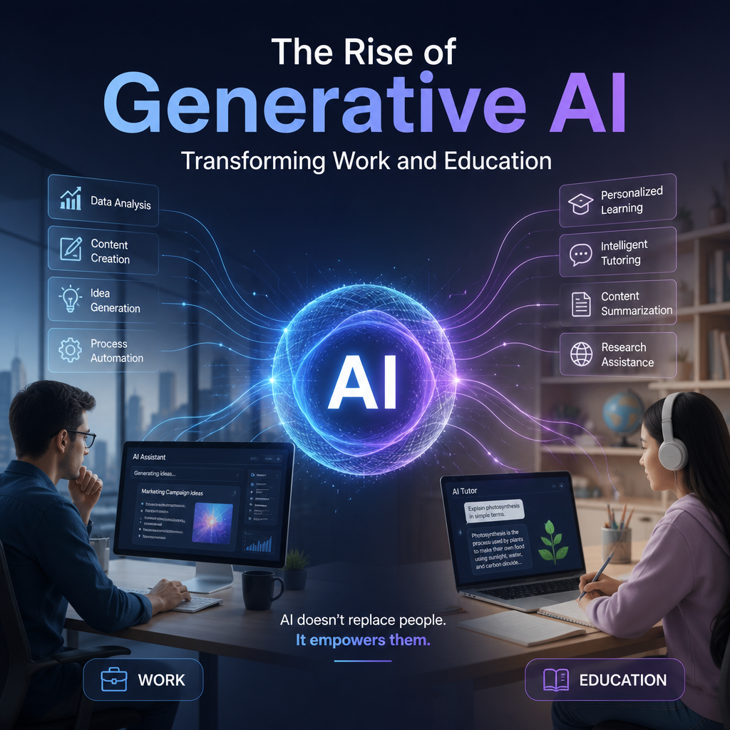 Illustration of generative AI transforming work and education with data analysis, content creation, and personalized learning