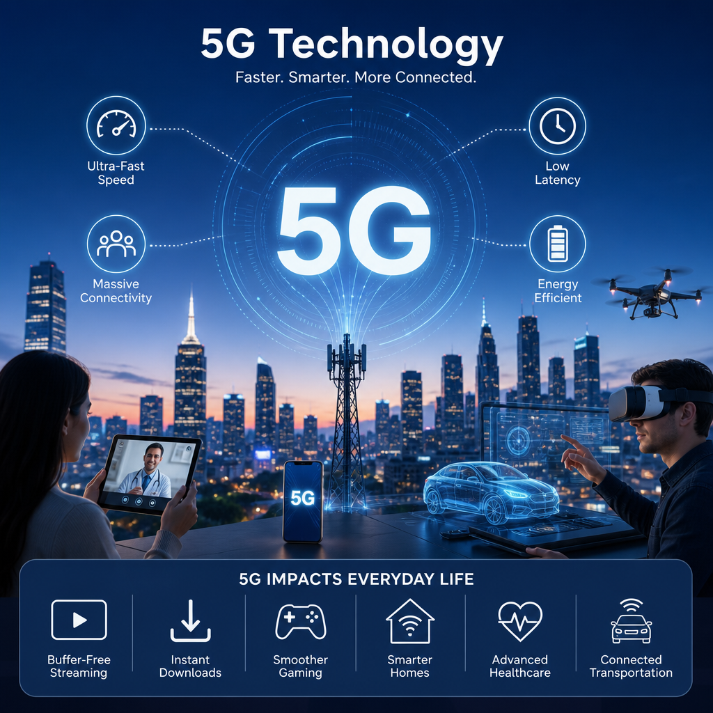 5G technology icon showing ultra-fast speed, low latency, and connected smart devices for daily life