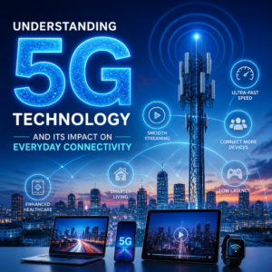 Illustration of 5G technology linking smart devices with a cityscape background