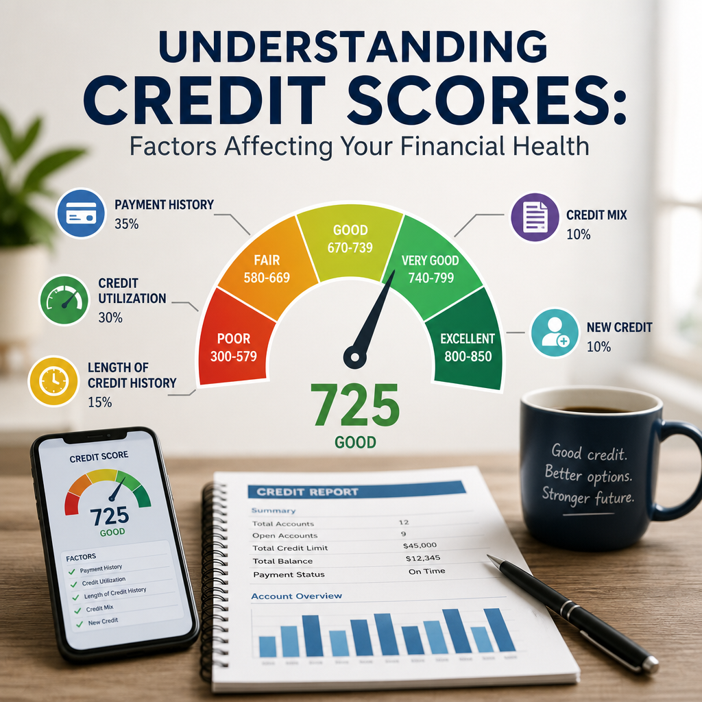 Infographic showing credit score ranges, key factors, and a 725 credit score example.