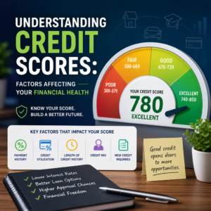 Infographic showing credit score ranges, key factors, and benefits of a good credit score for financial health.