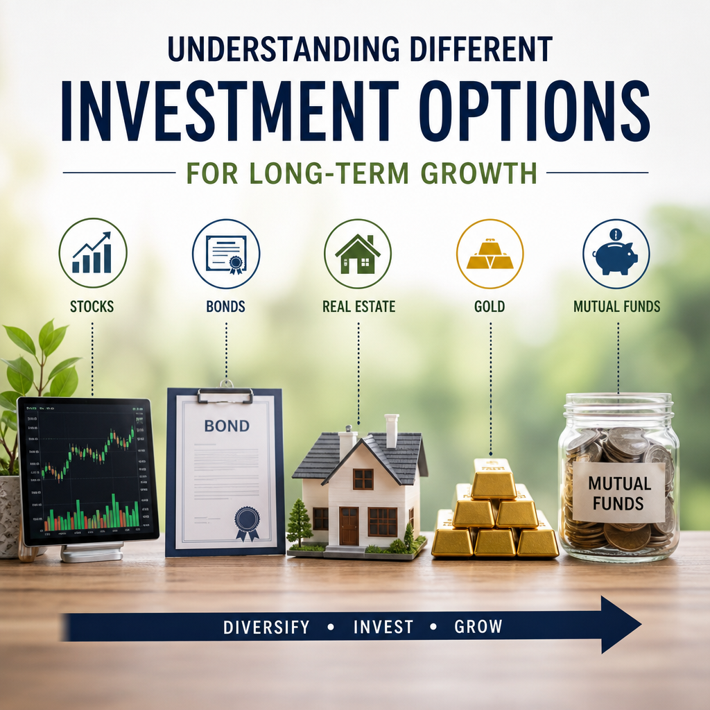 Infographic showing long-term investment options: stocks, bonds, real estate, gold, and mutual funds