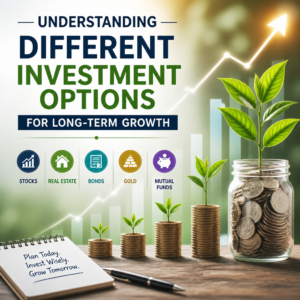 Stocks, real estate, bonds, gold, and mutual funds shown as investment options for long-term growth
