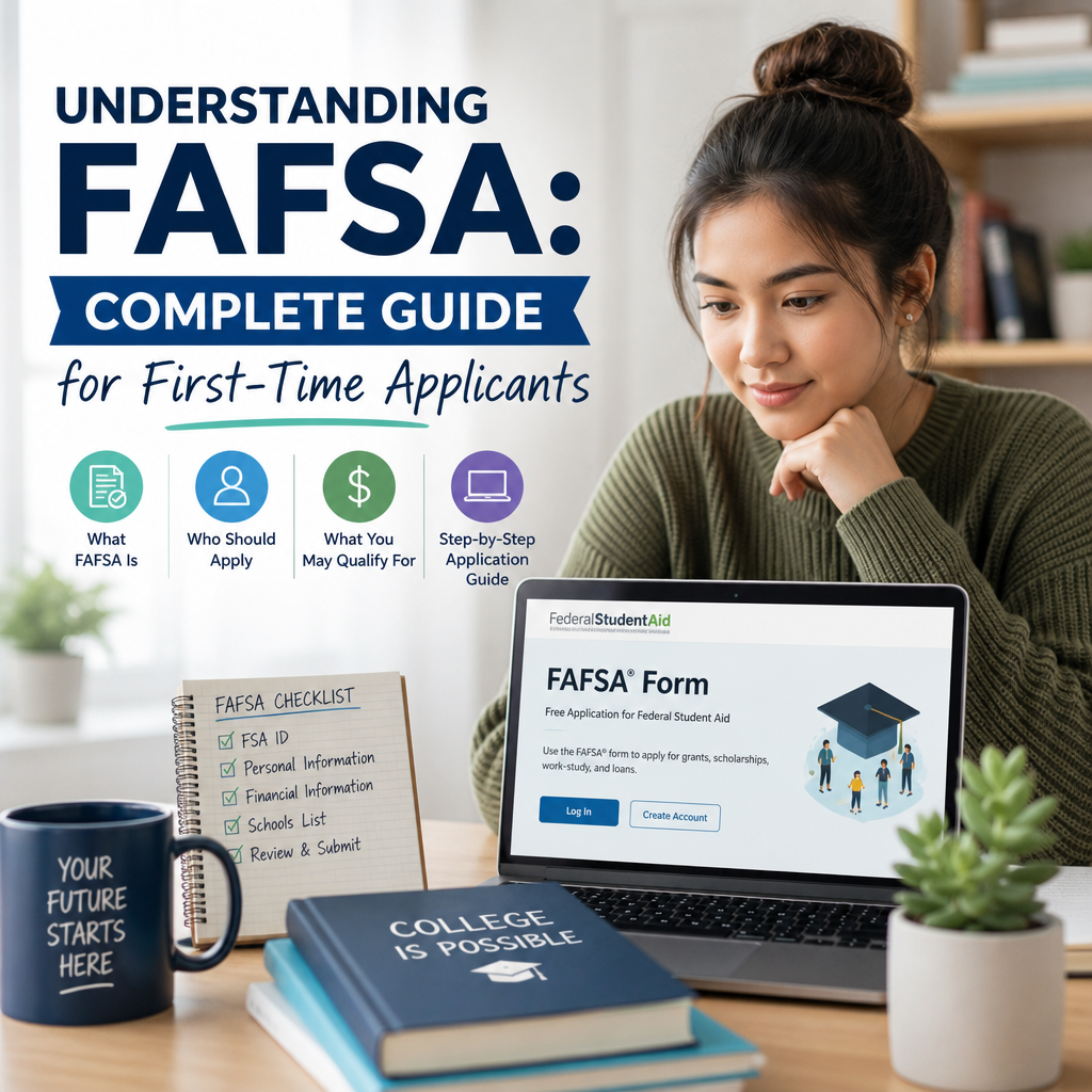 Young woman using a laptop to learn about the FAFSA application process with educational resources nearby