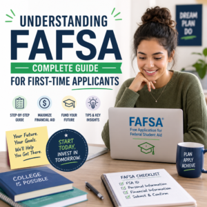 FAFSA guide infographic with checklist, tips, and financial aid advice for first-time college applicants