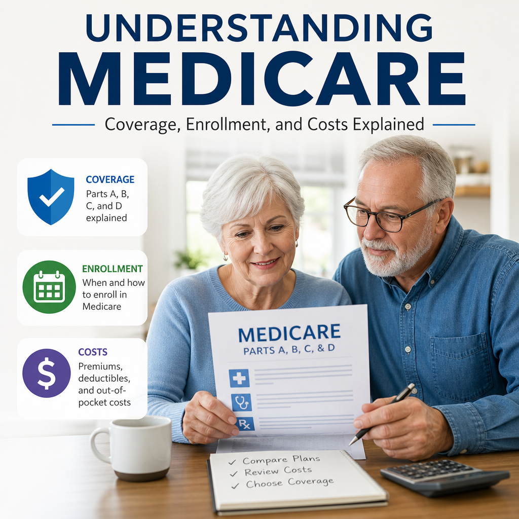 Senior couple reviewing Medicare coverage, enrollment, and cost information