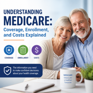 Smiling senior couple with text about Medicare coverage, enrollment, and costs.