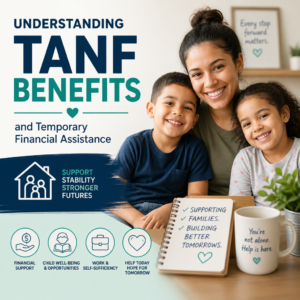 Happy family learning about TANF benefits and temporary financial assistance for stability