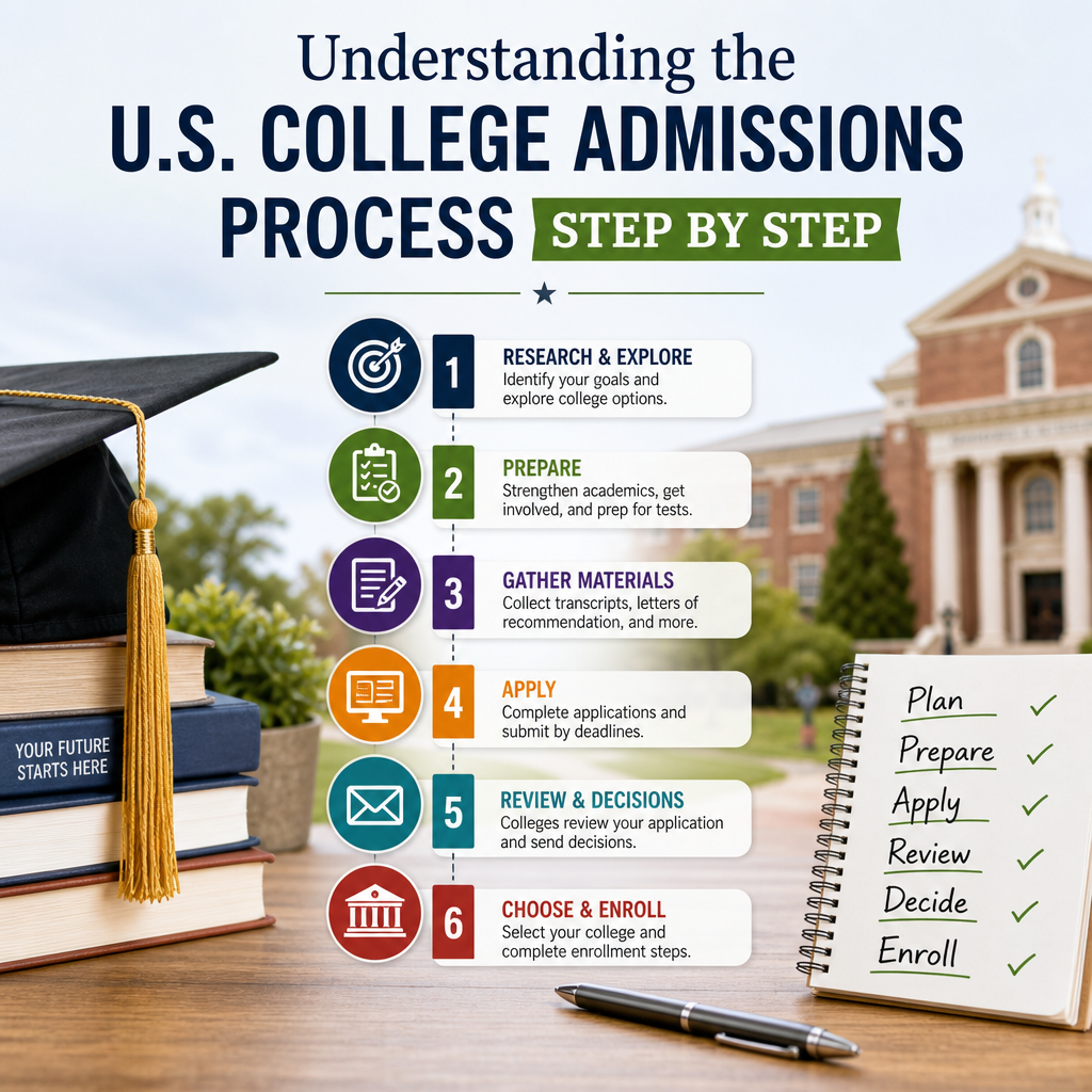 Step-by-step U.S. college admissions process from researching schools to enrollment checklist