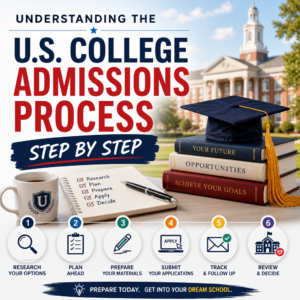 Infographic showing the U.S. college admissions process step by step with tips and key actions