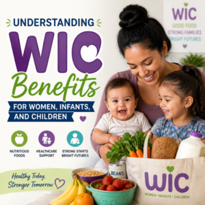 Happy mother with two children and fresh groceries promoting WIC benefits