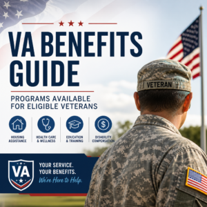 Illustration of VA benefits for veterans, including health care, education, housing, and disability compensation.