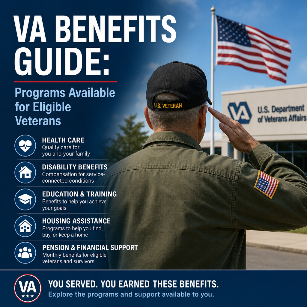 Infographic showing VA benefits for veterans: health care, disability, education, housing, and financial support programs