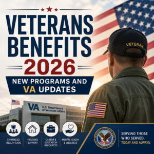 Veterans benefits 2026 graphic showing VA updates for healthcare, housing, jobs, and mental wellness