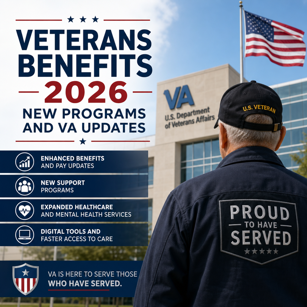 Illustration of veterans benefits 2026 updates, including healthcare, support programs, and digital VA tools