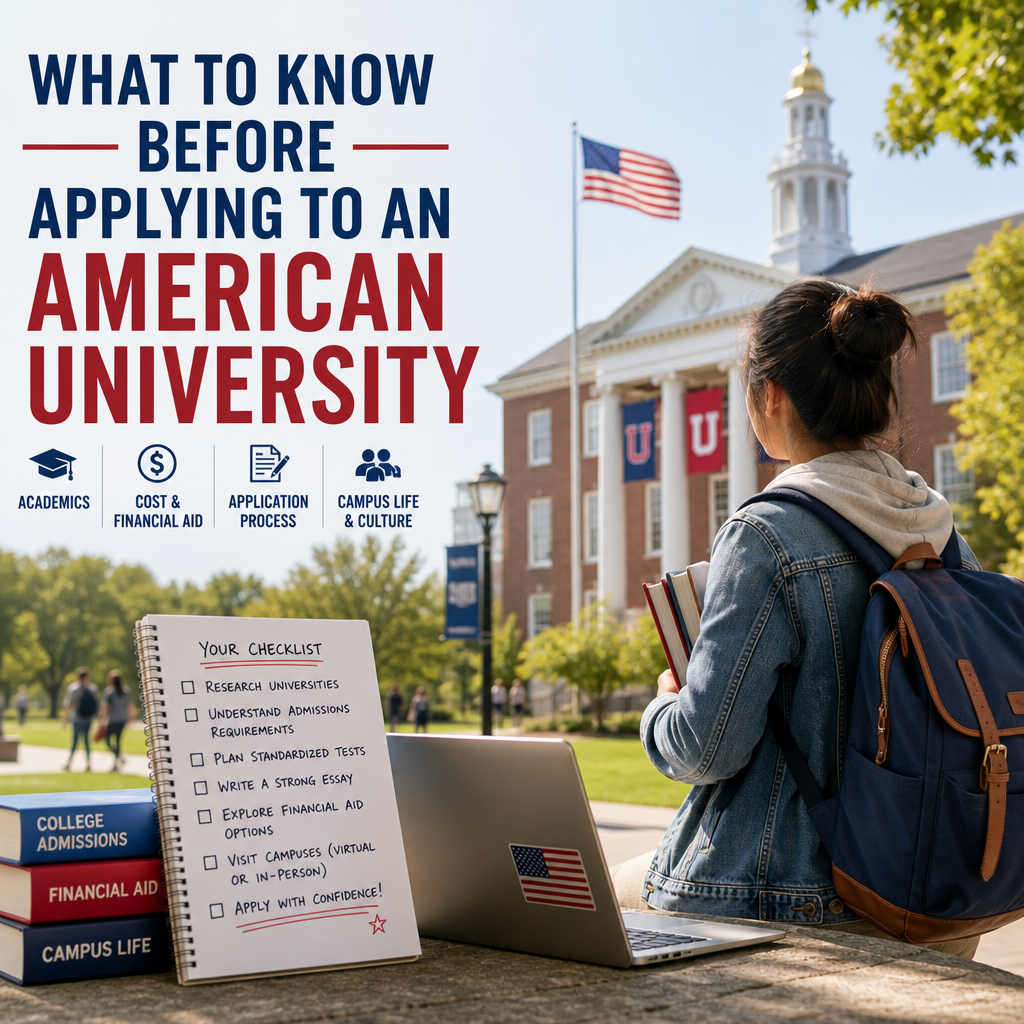 Checklist for American university admissions with academics, costs, applications, and campus life icons