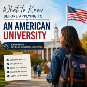 Student reviewing American university application checklist with admissions, essay, finance, and campus life icons
